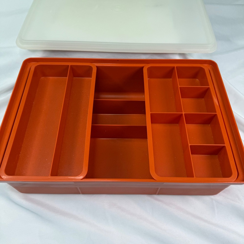 Vintage TupperCraft Tupperware Orange Stow-N-Go Craft Organizer Storage Box Lid